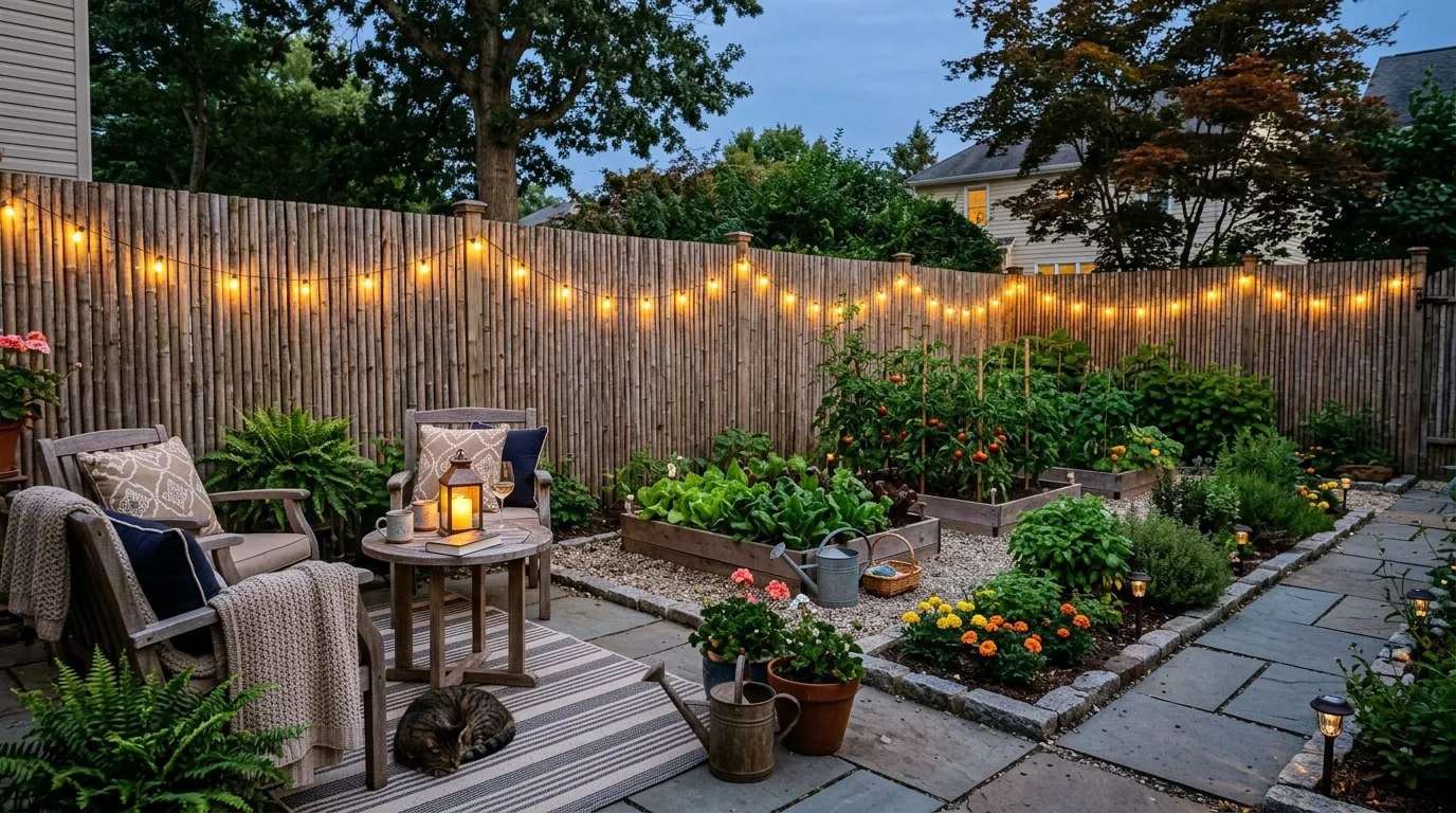 Bamboo Fence with Garden Lights
